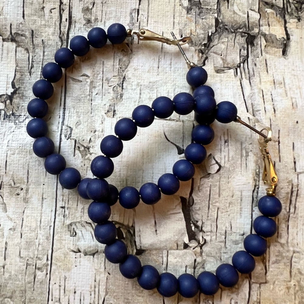 Navy Blue Beaded Hoop Earrings